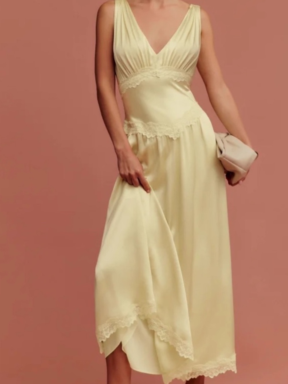 Reformation Stasia Silk Dress in Blonde Pale Yellow V-Neck Lace-Trim Midi Dress